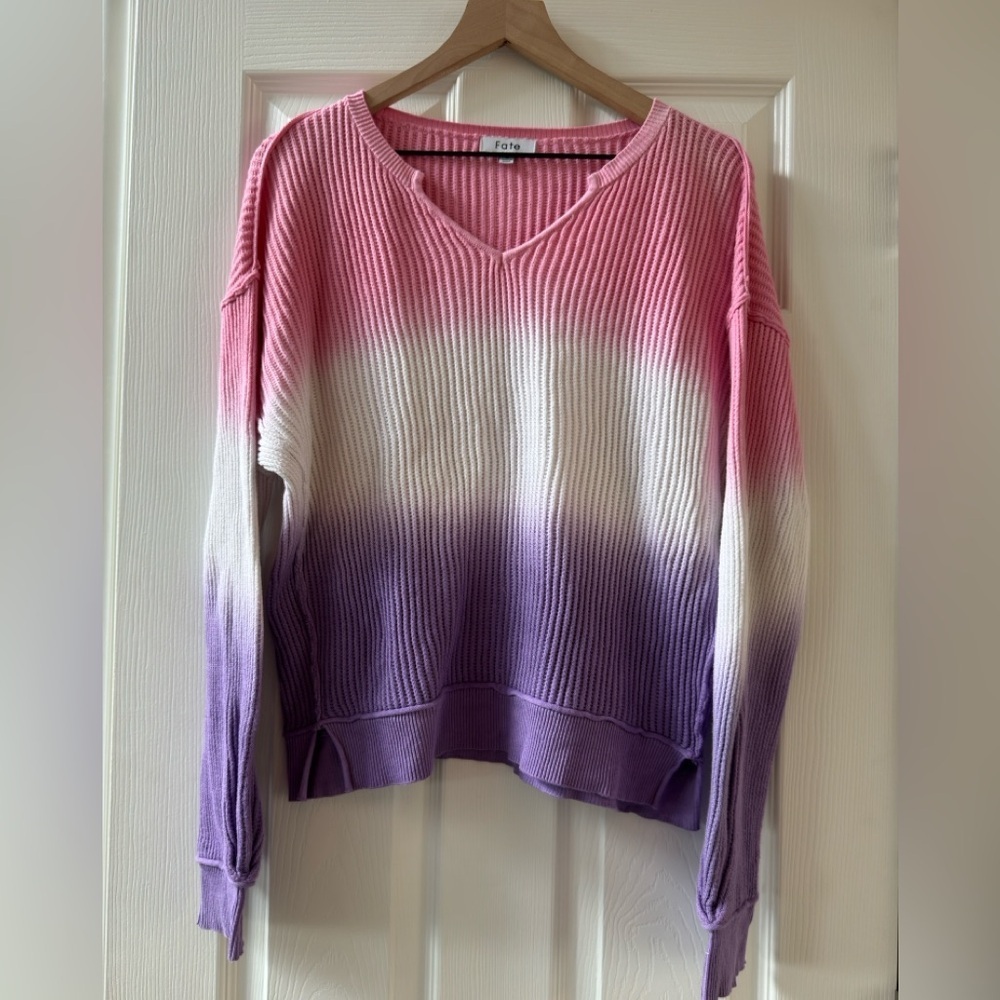 Fate Melt Ombre Purple Pink Light Knit v‎ neck Oversized Sweater S